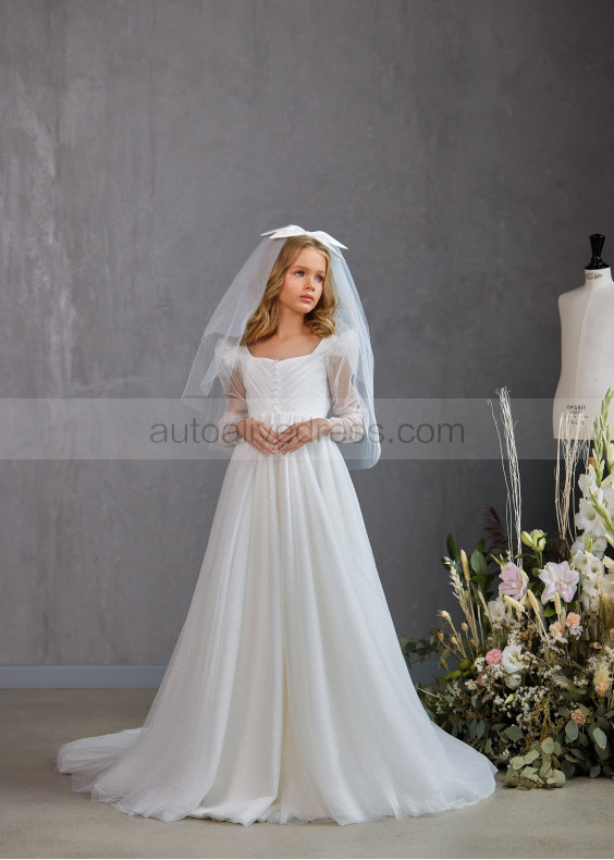 Long Sleeves Ivory Glitter Tulle Slit Flower Girl Dress Long Sleeves Ivory Glitter Tulle Slit Flower Girl Dress